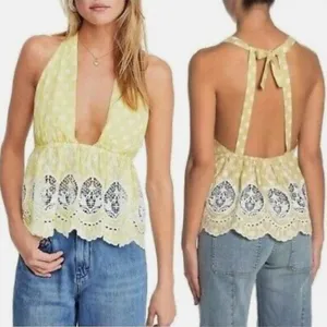 Free People M Lunch‎ Date Yellow Polka Dot Halter Top Citron Plunge Coquette New thumbnail 2