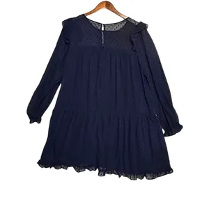 Sheer Navy Blue Dotted Tier Ruffle Dress Long‎ Sleeves Size L Romantic Whimsy thumbnail 14