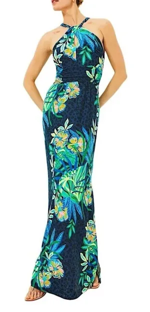 Lilly Pulitzer Orla Halter Maxi Dress Medium Navy Blue Floral Tropical Preppy thumbnail 1