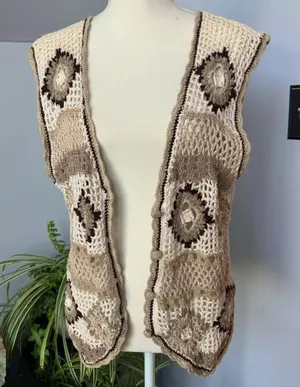 Crochet Button Up Sweater Vest‎ Cream Tan Brown Bohemian Festival Large thumbnail 1