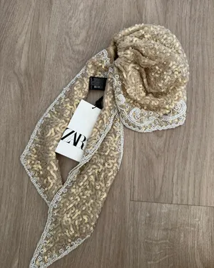 Zara Sequin Lace Pearl sparking Headscarf wrap embroidered festival boho hat thumbnail 1