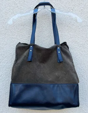 Zara Basic Collection Olive Brown Suede & Black Leather Tote Bag thumbnail 1