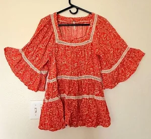 Free People Floral Print tunic Crochet Trim Orange and White Size S thumbnail 1