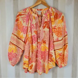Size S Tropical Floral Bohemian Peasant Style Blouse With Tassels thumbnail 1