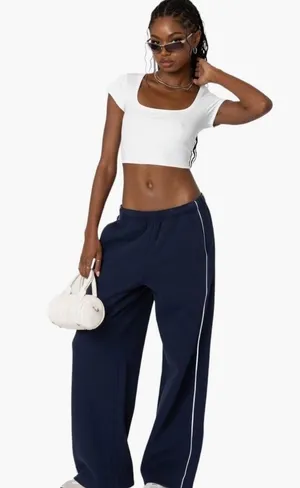 NWT Edikted Autumn Cotton Blend Sweat Pants Navy w White Side Stripe Womens XL thumbnail 1