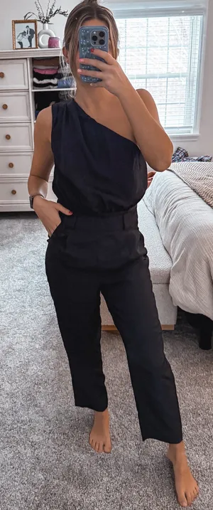 Express Black Satin one shoulder jumpsuit thumbnail 1