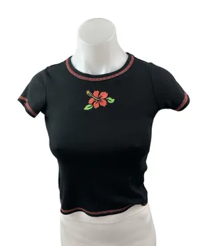 Art Class Hibiscus Embroidery Black Ribbed Crop Crew Neck Baby Tee T-Shirt Top L thumbnail 1