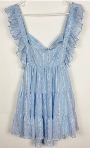 Lucy in The Sky Dress Size Medium Baby Blue Tiered Ruffle Open Tie Back Mini thumbnail 1