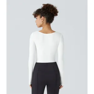 NEW Halara White Ribbed Knit Square Neck Long Sleeve Skinny Casual Bodysuit S thumbnail 3