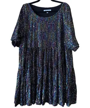 Amazing Lace Oil Slick Sequin Tiered Babydoll Concert and Party Mini Dress XL thumbnail 2