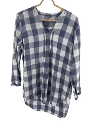 L.L. Bean Gingham V-Neck Tunic 100% linen casual lightweight summer fall M thumbnail 1