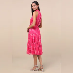 Lulu's Hot Pink Floral Tiered Halter Dress thumbnail 3
