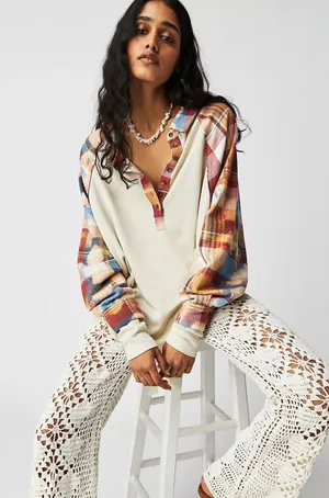 FREE PEOPLE Isabelle Plaid Trim Thermal Henley In Mink Combo Size Large thumbnail 1