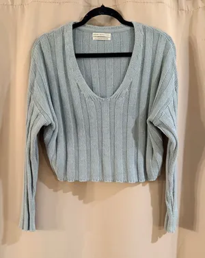 Urban Outfitters Pale Blue Ribbed V-Neck Cropped Sweater thumbnail 1