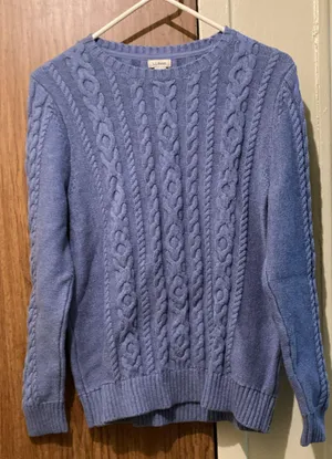 LL Bean Large Cable Knit Fisherman Sweater 100% Cotton Sky Blue Pullover thumbnail 1