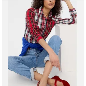 J Crew Top Womens XS‎ Red White Signature Fit Cotton Mixed Tartan Plaid BM033 thumbnail 2