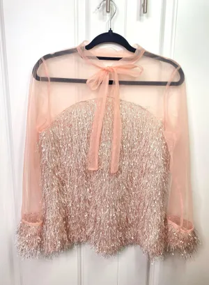 Blush Pink Contrast Mesh Tie Neck Shaggy Fringe Blouse thumbnail 5