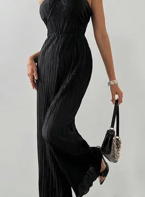 Elegant Black Pleated Jumpsuit Size M thumbnail 1