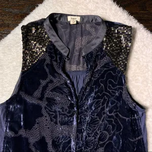 Anthropologie Tiny Navy Blue Button Down Sheer Velour Sequin Sleeveless Top thumbnail 3