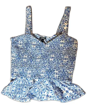 Express Blue White Tile Print Smocked Crop Peplum Tank Top Resort Coastal Medium thumbnail 1