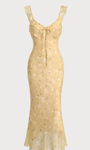 Rihoas Yellow Floral Ruched Ruffle Midi Dress thumbnail 1