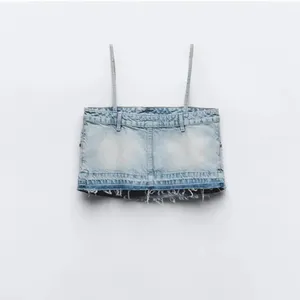 ZARA TRF‎ DENIM SKIRT EFFECT CROP JEAN TOP Sz XS thumbnail 3