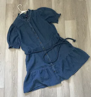 Gap Mini Dress cotton gauze button front mini womens Indigo Blue (large) natural thumbnail 1