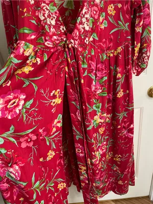 April Cornell Red Floral V Neck Milkweed Dress with Green Accents Size Medium thumbnail 6