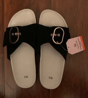 Women’s Black Slide Sandals with Gold Buckle Hardware thumbnail 1