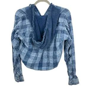 American Eagle‎ Outfitters Womens Plaid Cropped Hoodie Shirt XXS Blue Distressed thumbnail 2