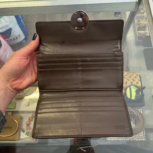 Coach Signature Khaki Brown Jacquard Flap Wallet Medallion Snap thumbnail 2