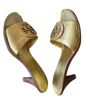 Tory Burch Aerin Metallic Gold Kitten Heel Slides 8.5‎ thumbnail 1