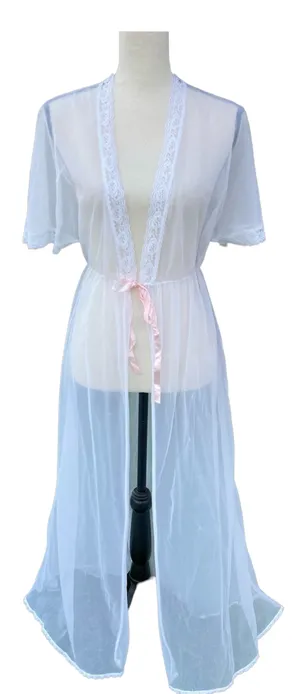Vintage 80s Alan R. White Peignoir Nylon Chiffon Lace M Flutter Sleeves thumbnail 1