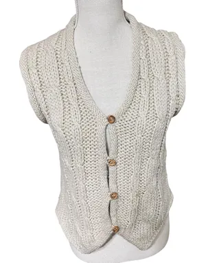Vintage Oatmeal Cable Knit Sweater Vest Button Front Chunky Cottagecore Large thumbnail 1