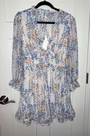 White Floral Ruffle Long Sleeve Dress thumbnail 1