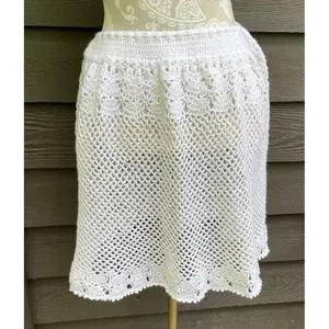 Vintage Handmade Crochet Lace Skirt Cover Up White Boho Festival Drawstring M thumbnail 14