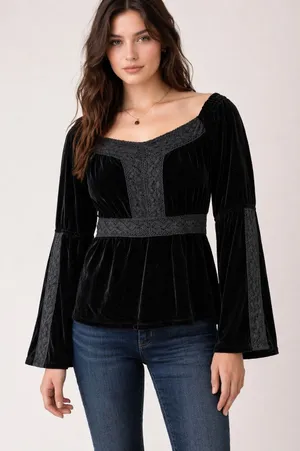 Velvet Lace Trim Peasant Top Black‎ Boho Gothic Romantic Long Sleeve Grunge Sz S thumbnail 1