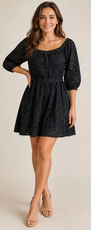 Milly Black Eyelet Cotton Mini Dress 3/4 Puff Sleeve Elastic Waist Pockets‎ P thumbnail 1