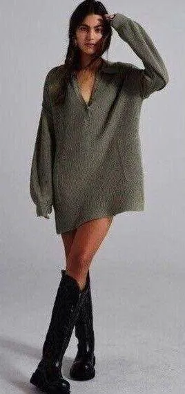 Free People Beach Picnic Sweater Mini Dress Olive Sage Green Linen Small thumbnail 1