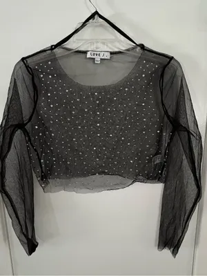 Love J Black Sheer Mesh Rhinestone Crop Top - Size Medium thumbnail 4