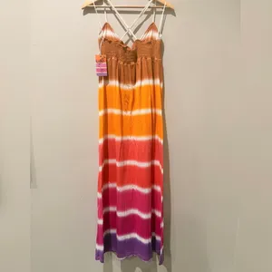 Tropical Maxi Dress Hawaiian Beach Resort Vacation Colorful Floral Casual Hippie Pink Size M thumbnail 4