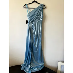 Mac Duggal One-Shoulder Metallic Aqua Blue Evening Gown Maxi Dress Size 4 New thumbnail 6