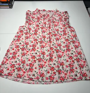 Sleeveless Floral Blouse Pink Coral and White Ruffle Neck Size L NWOT Romantic thumbnail 1