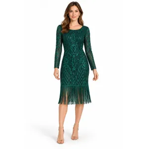 Unique Vintage 1920s Margaux Emerald Green Sequin Fringe Flapper Dress Small 4 thumbnail 8