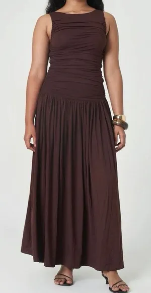 Summer Away Patmos Dark Walnut brown ruched maxi dress XS thumbnail 1