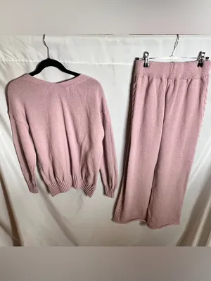 Source Unknown Pink Knit Pants Set L Cable Trim V Neck Sweater Matching Lounge Cozy Soft thumbnail 2
