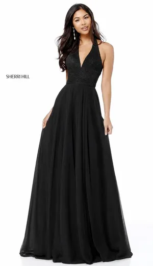 SHERRI HILL 51640 Black Sequin Halter Chiffon Gown – Size 6 NWT thumbnail 1