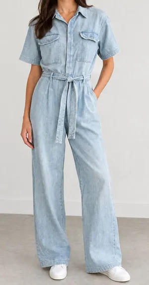 Rag & Bone Denim Jumpsuit Size L Light Wash Tie Waist Utility Wide Leg thumbnail 1
