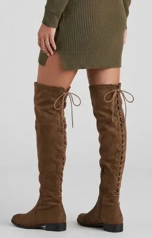 French Connection Brown Vegan Suede Lace Up Over The Knee Boots Low Heel Size 6 thumbnail 1