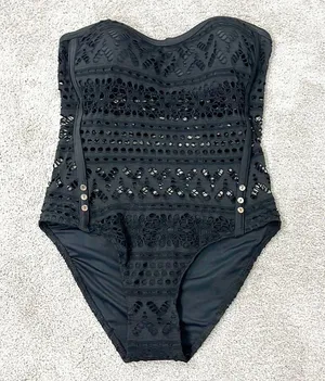 New Large Black Strapless Sheer Crochet One Piece Swim Suit with Button Detail thumbnail 2